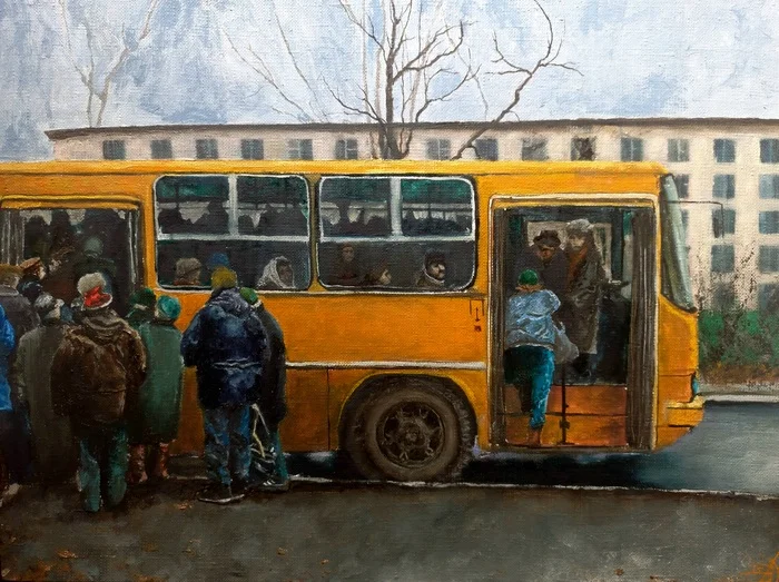 My new picture - My, Creation, Painting, Art, Landscape, Bus, Queue, Transport, Artist, Handmade, Painting, Town