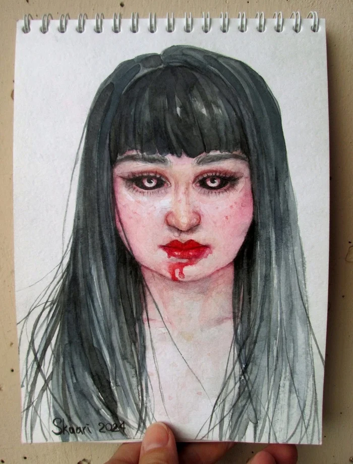 Vampire watercolor - My, Drawing, Girls, Traditional art, Art, Creation, Watercolor, Vampires, Sketchbook, Hobby, Self-taught artist, Long hair