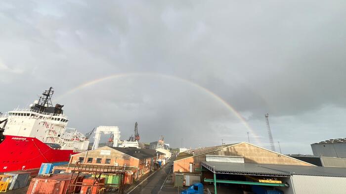 Rainbow and sunset at a shipyard in Denmark - My, Nature, Rainbow, Port, Ship, Longpost