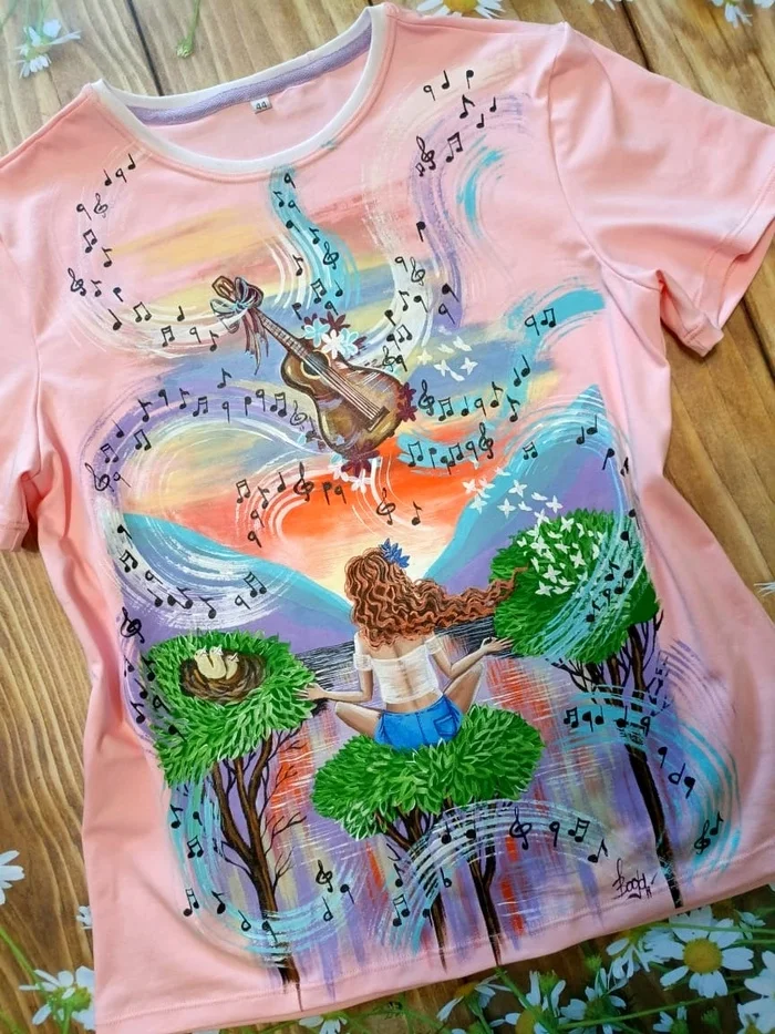T-shirt with hand-painted Music around us - Customization, Painting on fabric, Yoga, The mountains, Music, T-shirt