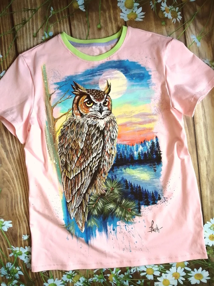 T-shirt with Owl painting - Owl, Owl, Customization, T-shirt, Painting on fabric, Drawing