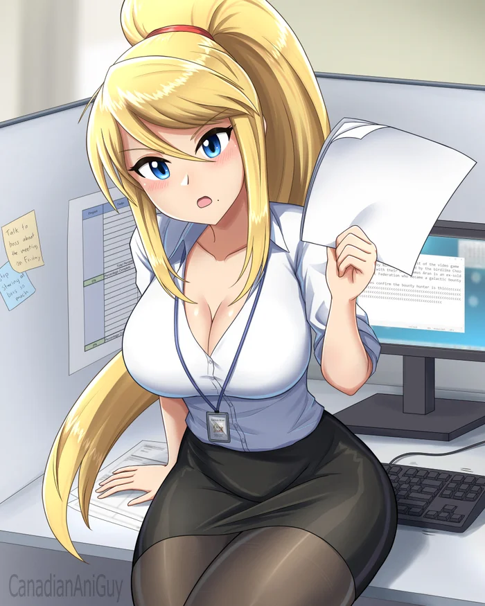 Office Lady Samus - Boobs, Pixiv, Anime, Tights, Office workers, Girl in glasses, Anime art, Samus aran, Metroid, Longpost