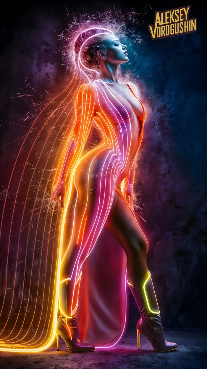Ai-artist: Vorogushin Alexey Gennadievich. Beautiful girl in neon rays. Neuroartist - My, Art, Neural network art, Нейронные сети, Phone wallpaper, Desktop wallpaper, Digital, 2D, Dall-e, Computer graphics, Artist, Midjourney, Girls, Neckline, Neon