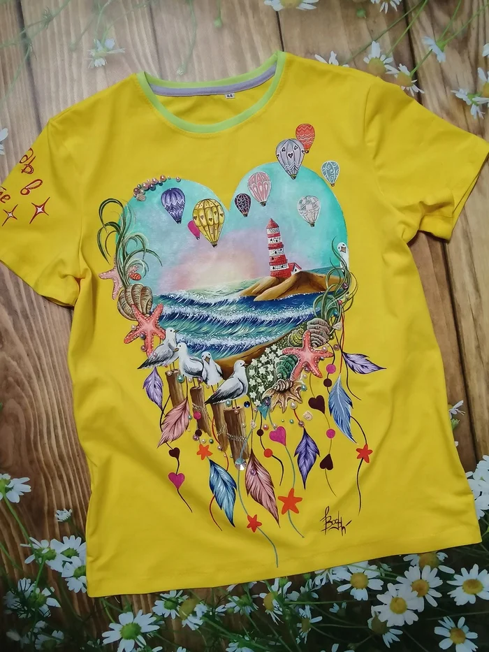T-shirt with painting in a marine style - My, Sea, Painting on fabric, Dreamcatcher, Lighthouse, Nautical style