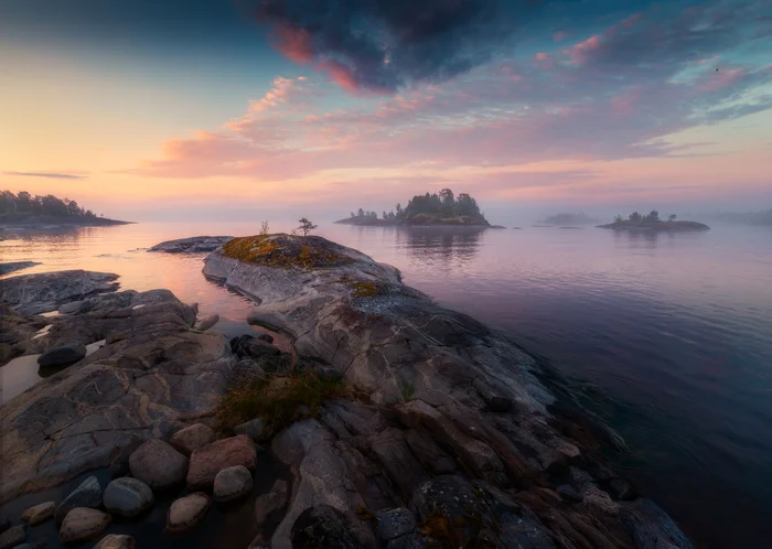 Mother of Pearl Dawn - My, Travel across Russia, Landscape, Reflection, The photo, Ladoga lake, Ladoga, Lake, Fog, Sky, Clouds, Карелия, The rocks