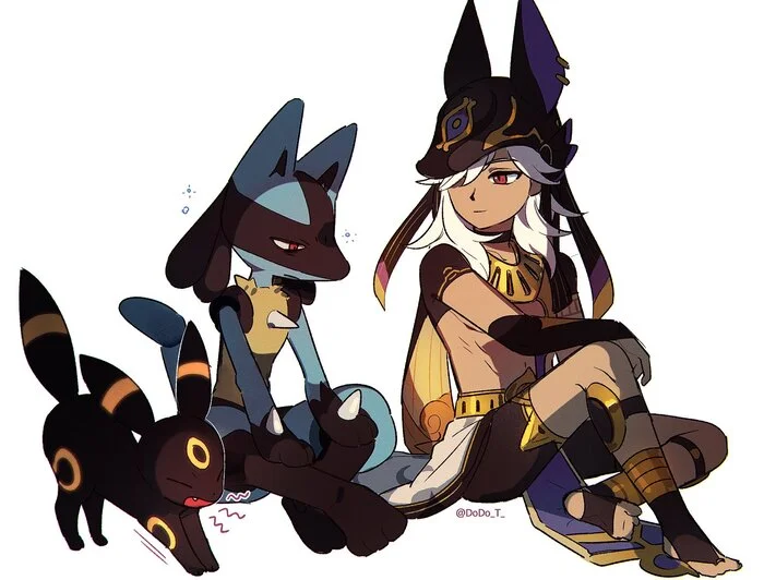 Lucario, Umbreon and Saino sitting together: Artist DoDo_T_ - Umbreon, Art, Pokemon, Lucario, Anime, Anime art, Cyno, Crossover