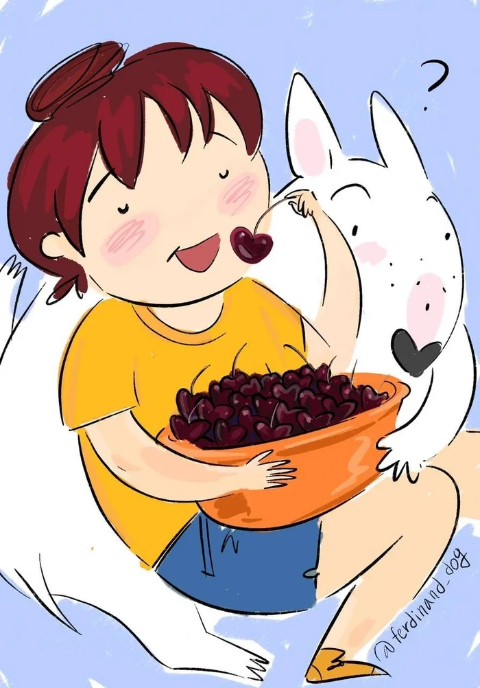 Basin of cherries - My, Berries, Food, Yummy, Dog, Bull terrier, Art, Portrait