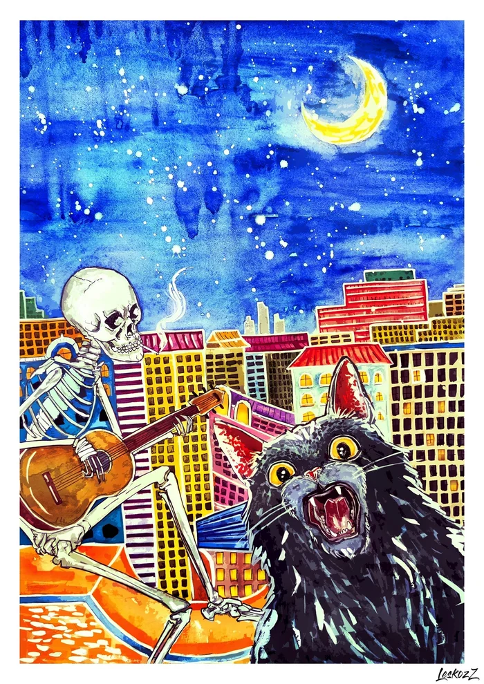 Night Owls - My, Illustrations, Painting, Watercolor, Drawing, Roof, Skeleton, Guitar, cat, Night, Month
