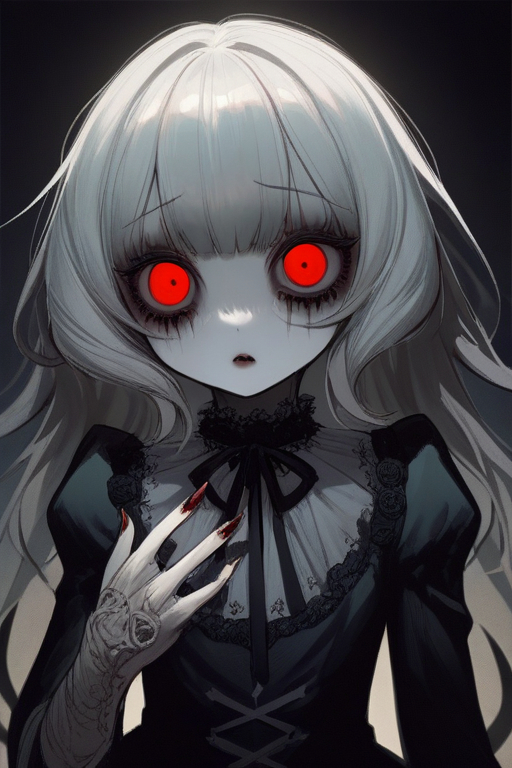 Part 12 - Where are my fingers Ale! - My, Neural network art, Artificial Intelligence, Girls, Fingers, 2024, Gothic, Red eyes, The dress, White hair, Ugliness, Longpost