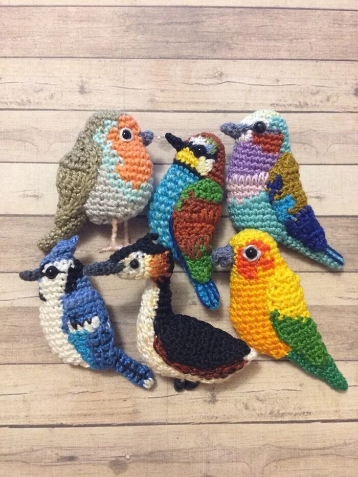 Bird brooches - My, Needlework without process, Brooch, Author's toy, Crochet, Amigurumi, Longpost