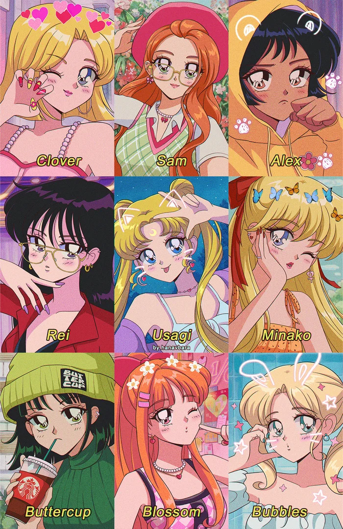 Iconic strong female characters from the Animated Series/Anime of our childhood in the 2000s in retro anime style: Artist Hanavbara! - Totally spies, Animated series Super Crumbs, Sailor Moon, Sailor Venus, Sailor Mars, Anime, Crossover, Retro style, Art, Anime art