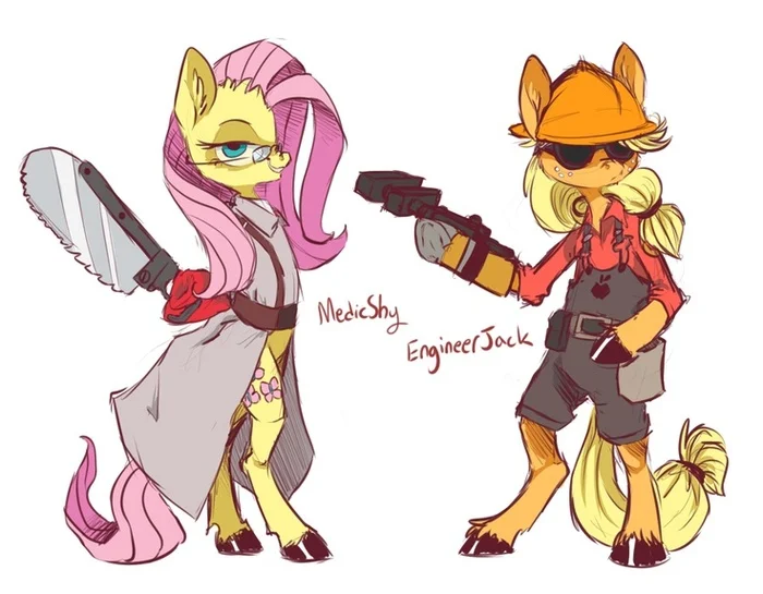 Медик и Инженер - My Little Pony, Team Fortress 2, Кроссовер, Fluttershy, Applejack