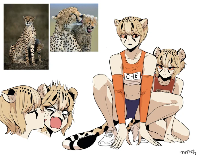 Continuation of the post “Humanization” - Art, Anime, Anime art, Humanization, Animal ears, Gegegekman, Tail, cat, Cheetah, Reply to post