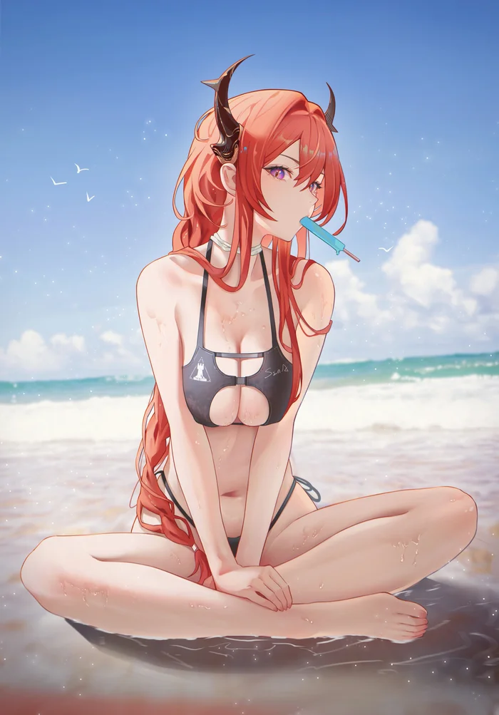 Summer time - Anime art, Anime, Arknights, Surtr, Swimsuit, Summer, Sea, Ice cream