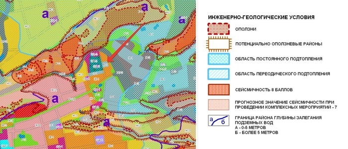 Особые условия использования территорий по природным и техногенным условиям. Красной стрелочкой отмечен земельный участок.