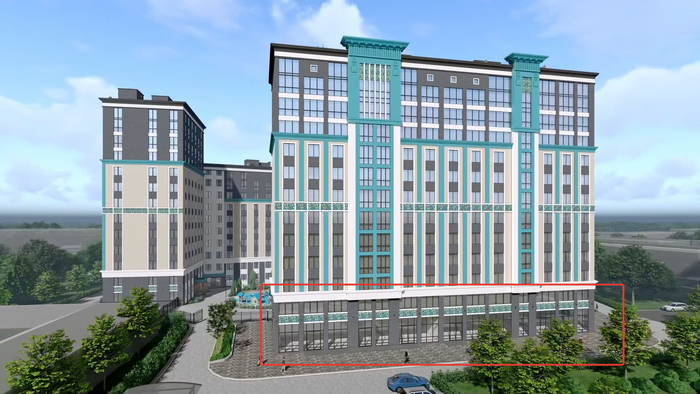 Коммерческие помещения отмечены красной линией