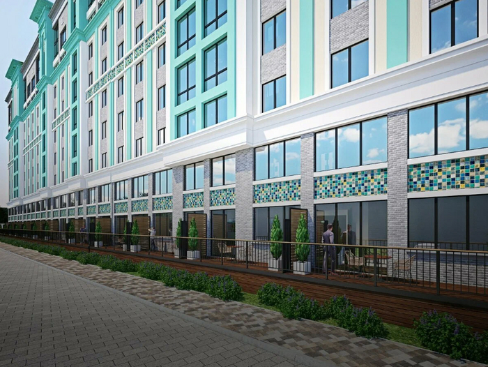 Рендер террас на первом этаже (восточная сторона здания)