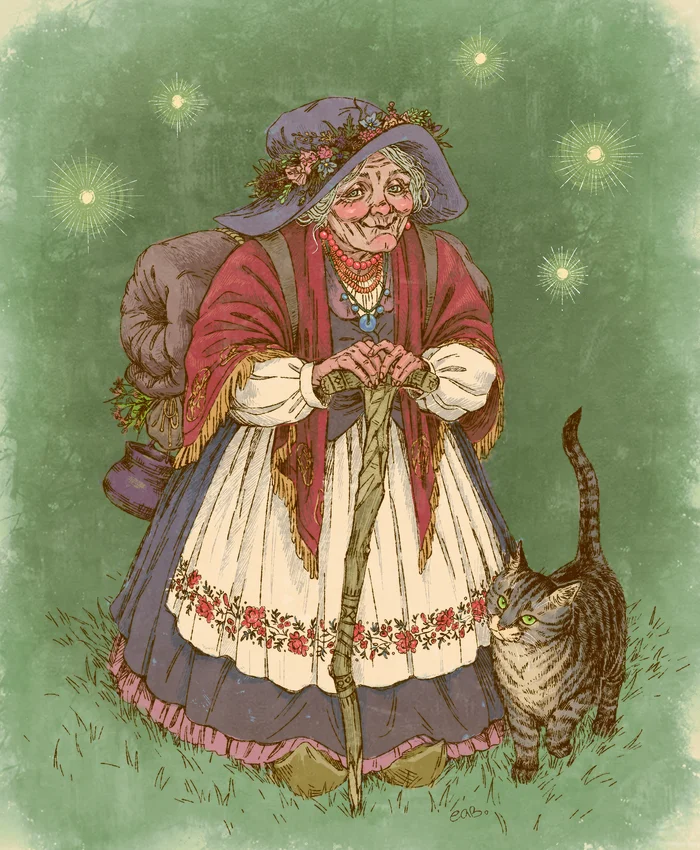 The old sorceress and her familiar - Art, Drawing, Grandmother, cat, Wizards