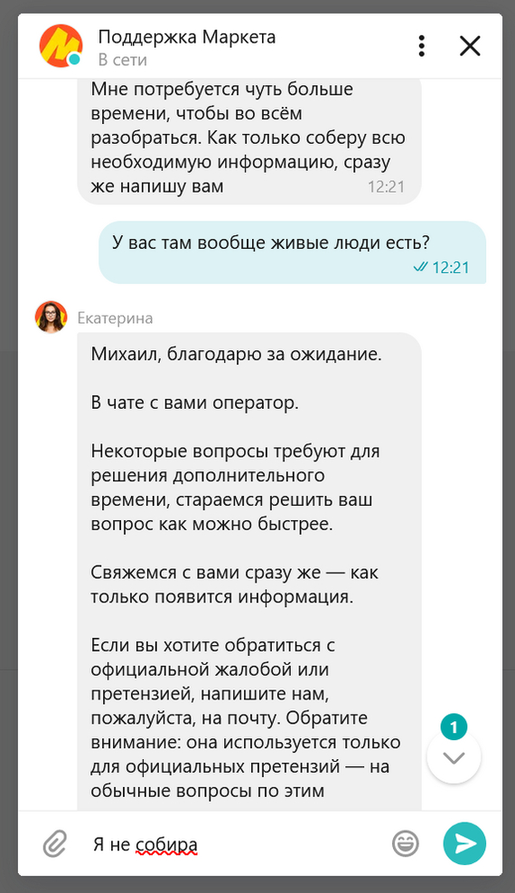 Yasha Market. Catherine... - My, Yandex Market, Correspondence, Idiocy, Support service, Review, Clients, Longpost