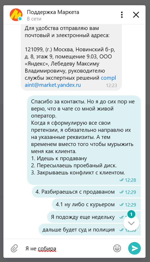 Yasha Market. Catherine... - My, Yandex Market, Correspondence, Idiocy, Support service, Review, Clients, Longpost