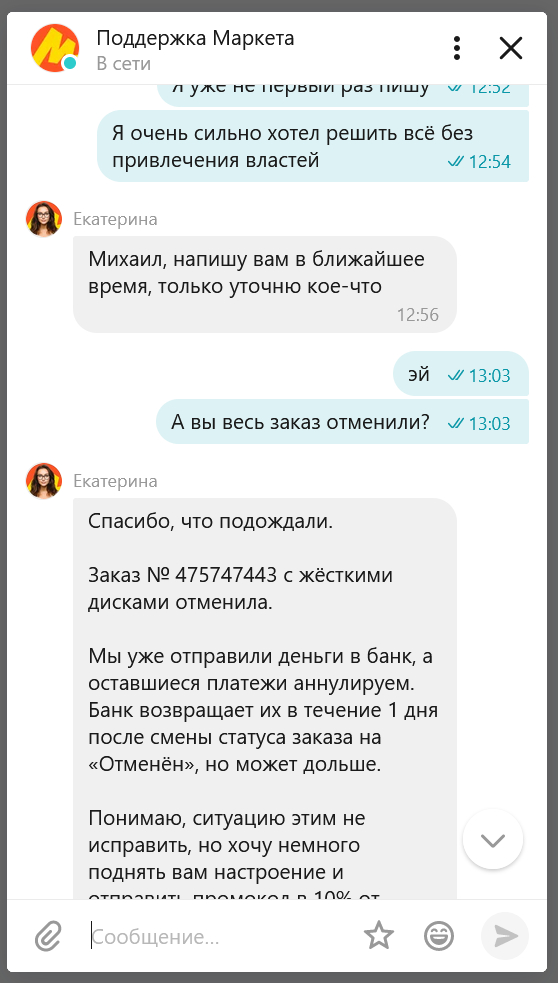 Yasha Market. Catherine... - My, Yandex Market, Correspondence, Idiocy, Support service, Review, Clients, Longpost