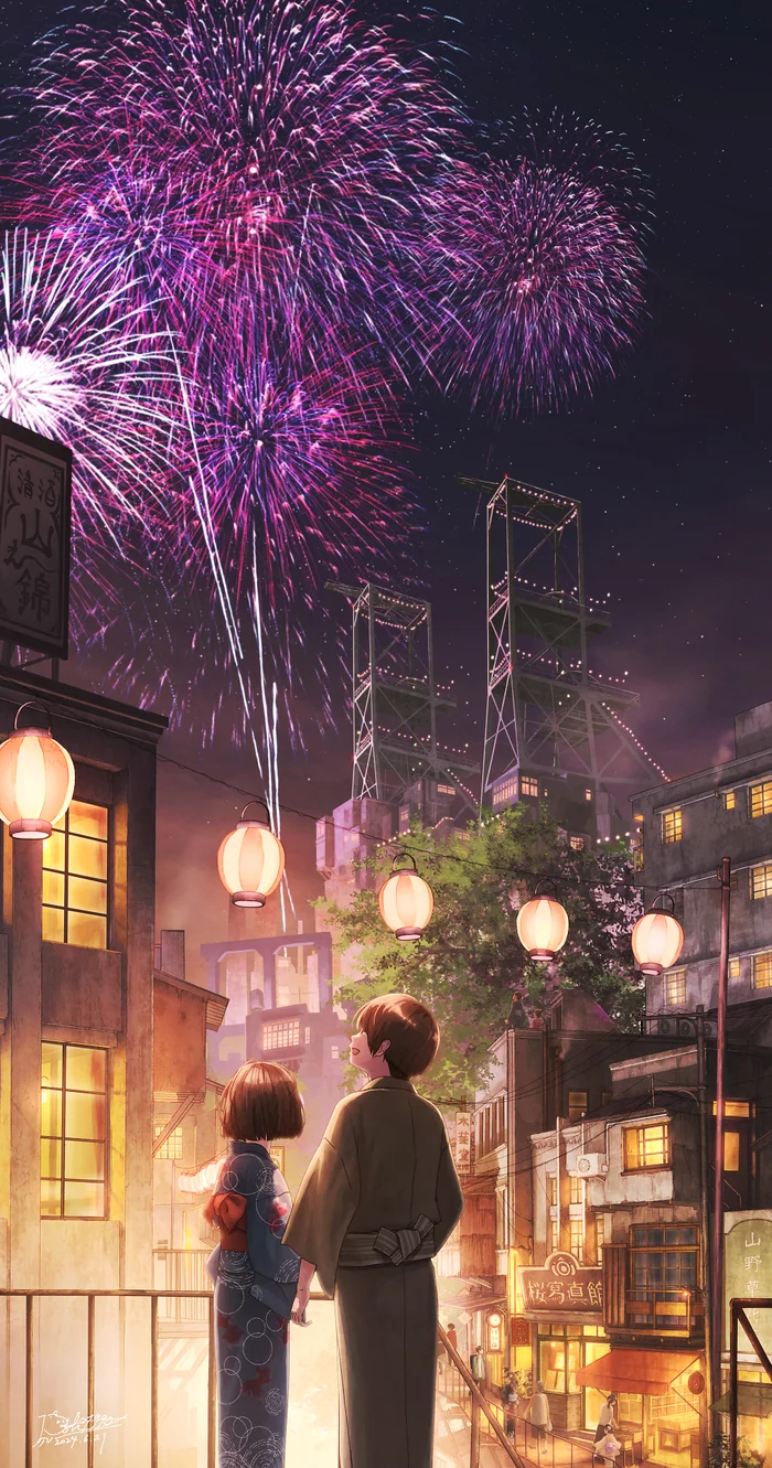 Summer Festival - Anime, Anime art, Original character, Pair, The festival, Fireworks, Chinese lanterns, Yukata