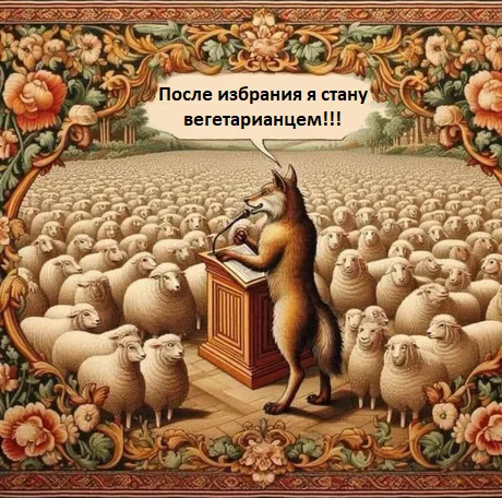 Populism - Humor, Picture with text, Fox, Sheeps, Telegram (link), Neural network art