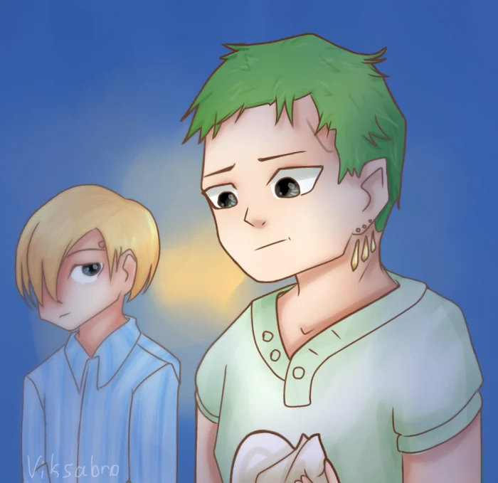 Roronoa Zoro and Sanji - Art, Anime, Digital drawing, One piece, Green, Blue