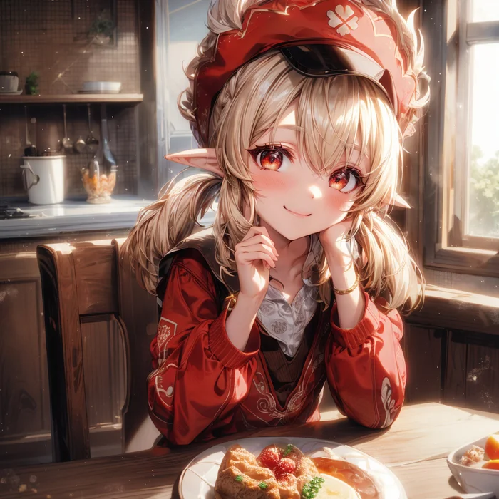 Breakfast with Klee - Neural network art, Klee (Genshin Impact), Pixiv, Genshin impact, Stable diffusion, Girls, Phone wallpaper