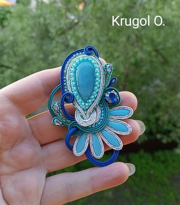 Brooch with natural chalcedony and Swarovski crystalsIn stock: 2100 - My, Soutache embroidery, Needlework without process, Decoration, Brooch, Natural stones, Swarovski