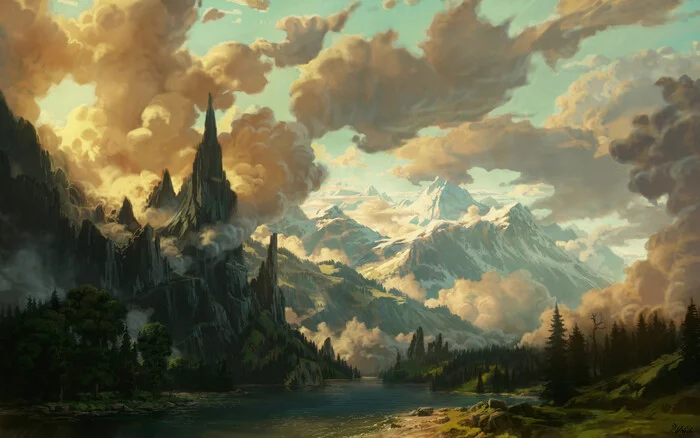 Lake in the mountains - Art, Drawing, The mountains, Lake, Clouds, Light