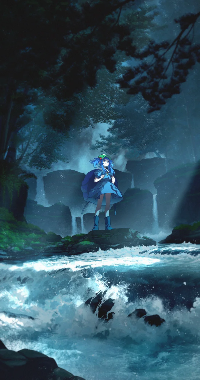 In the moonlight - Touhou, Kawashiro nitori, Anime art, Game art, Anime, Games, Mountain river