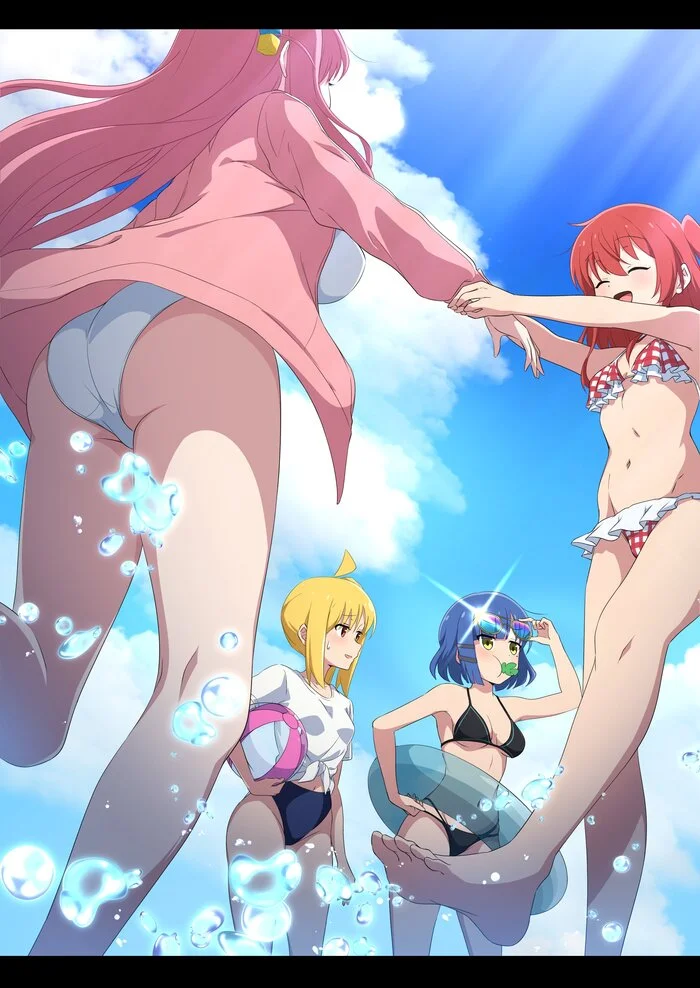 Beach Gang - Anime art, Anime, Girls, Bocchi the Rock!, Gotou Hitori, Kita Ikuyo, Yamada Ryou, Ijichi Nijika, Swimsuit, Bikini, Sea
