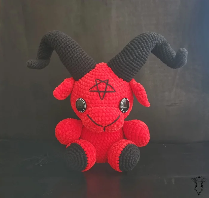 Red-black - My, Needlework without process, Crochet, Amigurumi, Knitted toys, Soft toy, Baphomet, Plush Toys, Author's toy
