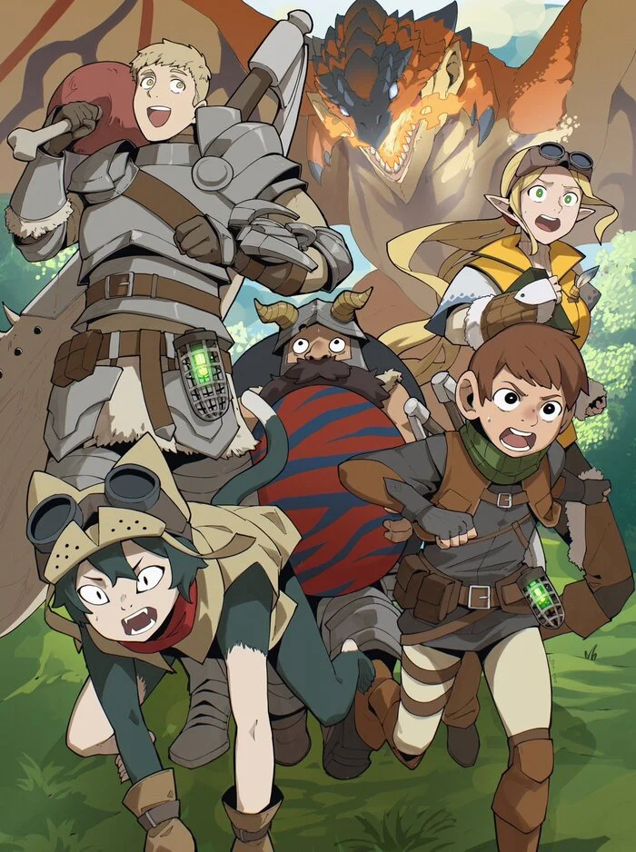 And it's all because of the omelette - Art, Anime, Anime art, Crossover, Dungeon Meshi, Laios Thorden, Marco diaz, Senshi (Dungeon Meshi), Chilchuck Tims, Izutsumi, Monster hunter, Games, Marcille Donato