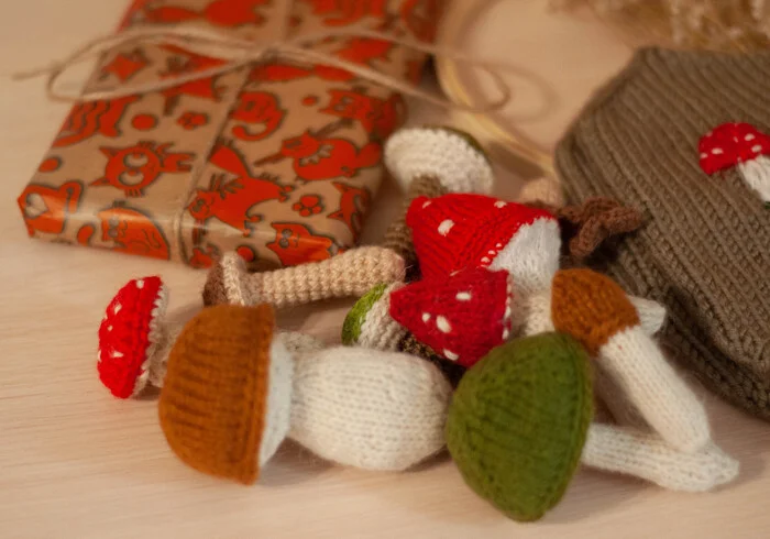 Handmade knitted decor - My, Wool toy, Decor, Interior, Needlework without process, Needlework, Handmade, Mushrooms, Knitting, Knitted toys, Crochet, Knitting
