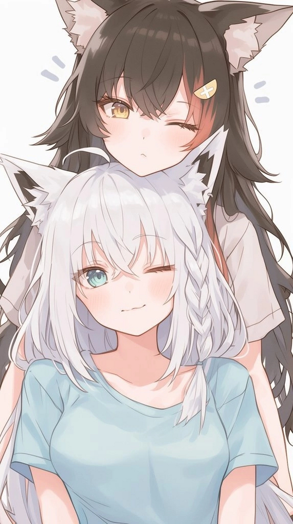 Fox and wolf - Anime, Anime art, Hololive, Ookami Mio, Shirakami fubuki, Virtual youtuber