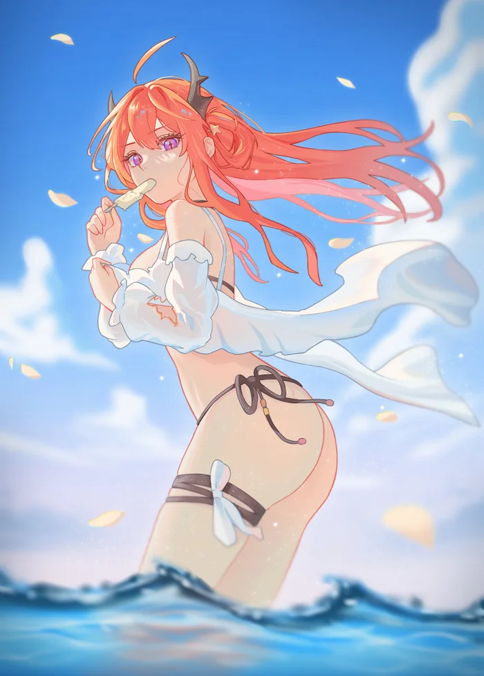 Continuation of the post “Summer time” - Anime art, Anime, Arknights, Surtr, Swimsuit, Summer, Sea, Ice cream, Reply to post