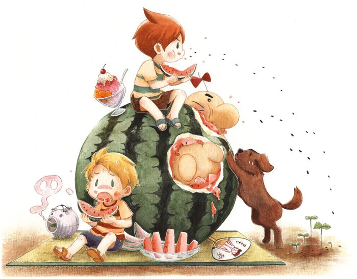 Heroes from the video game Mother 3 staged a watermelon eating party: Artist Ichiyon! - Earthbound, Art, Nintendo, Lucas