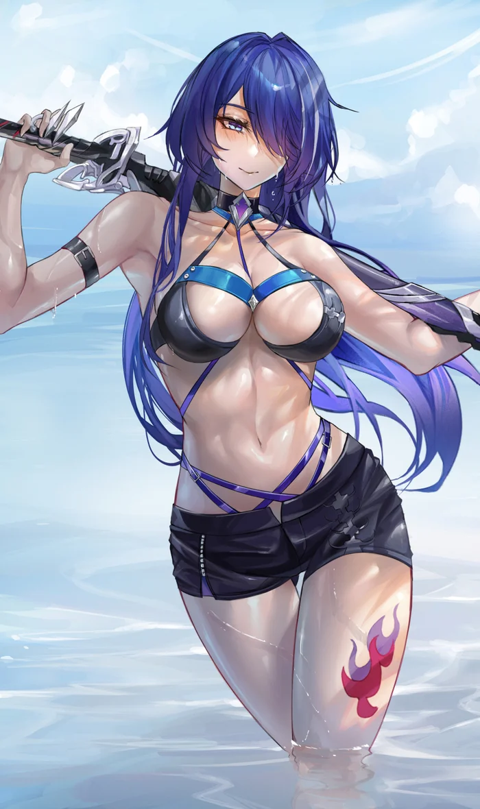 Acheron at sea - Anime, Anime art, Honkai: Star Rail, Acheron (Honkai: Star Rail), Swimsuit