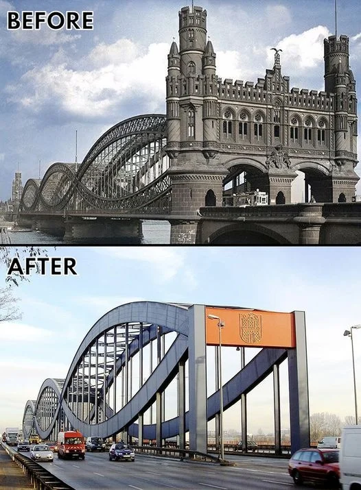 Before/After the reconstruction of the Neue Elbbrucke bridge in Hamburg to increase the number of lanes in 1959 - The photo, Comparison, Transformation, Bridge, Architecture, Germany, Progress