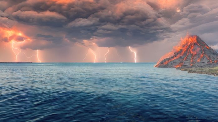 Первобытный океан. Коллаж, созданный с помощью нейросети.