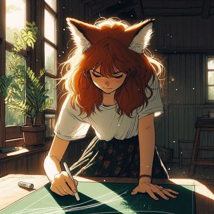 Cutting and sewing - My, Neural network art, Нейронные сети, Art, Girls, Anime art, Anime, Original character, Kitsune, Animal ears, Tail, Redheads, Freckles, Sewing, Tent, Summer, Ginger & White, Longpost, Swimsuit