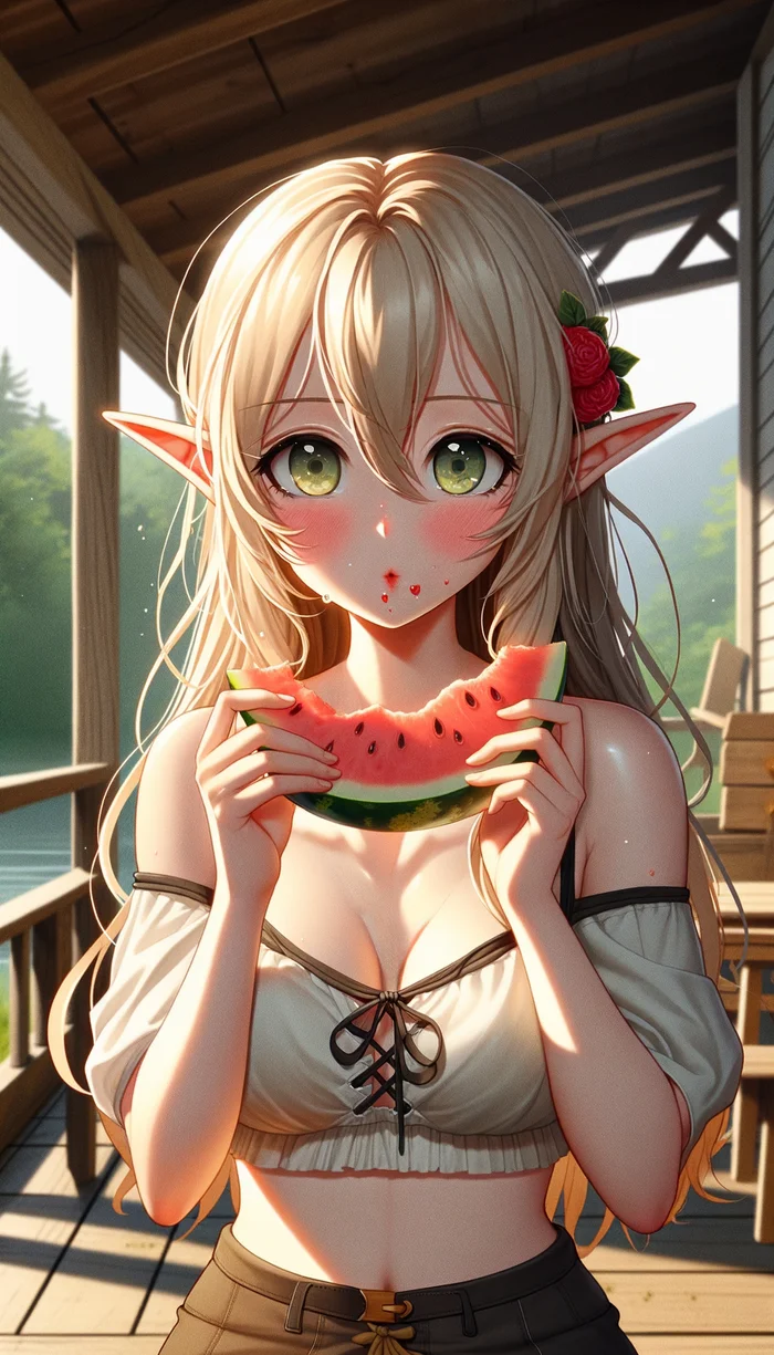 Summer. Watermelon time - My, Anime, Anime art, Blonde, Summer, Girls, Neural network art, Art, Sports girls, Topic, Stomach, Elves, Dall-e, Original character, Watermelon, Soiled, Neckline