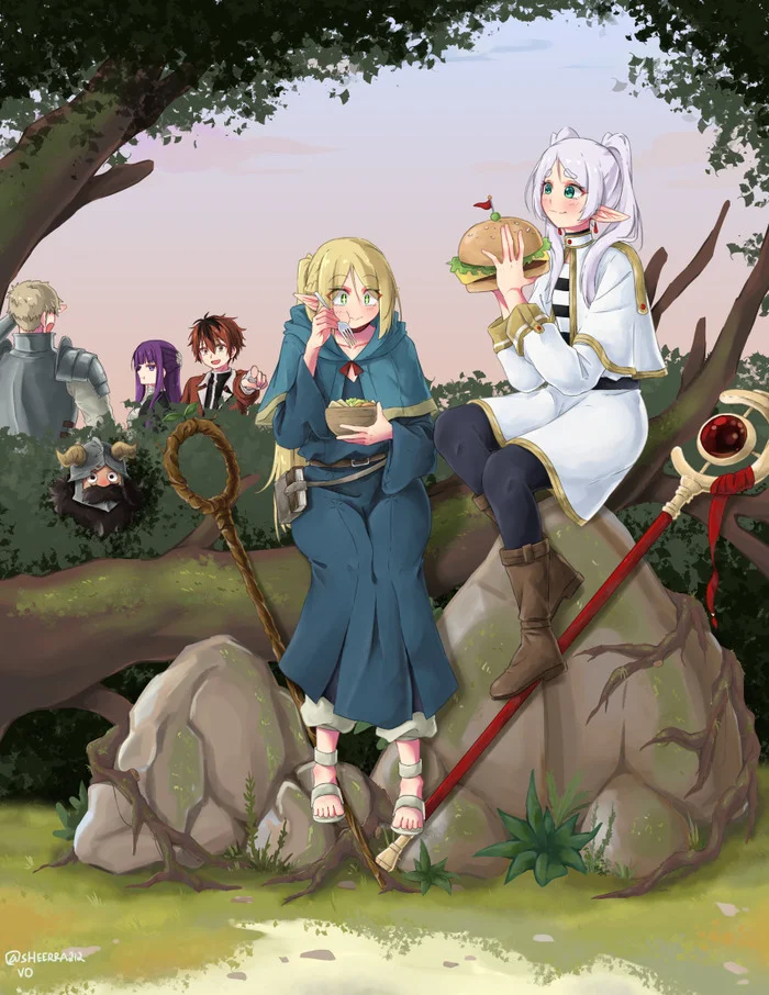 Lunch break - Anime, Anime art, Frieren, Marcille Donato, Fern, Stark (Sousou no Frieren), Laios Thorden, Senshi (Dungeon Meshi), Sousou no Frieren, Dungeon Meshi, Crossover