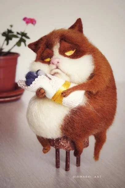 Mistake in the maternity hospital? or “Did Muska really deceive...?” - My, Needlework without process, Handmade, Author's toy, Dry felting, Wool toy, Fat cats, cat, Redheads, Wallow, Interior toy, Humor, Longpost