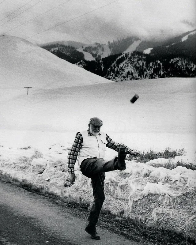 Ernest Hemingway plays football with beer. 1959, USA - Kick, Ernest Hemingway, Beer, Jar, USA, Black and white photo