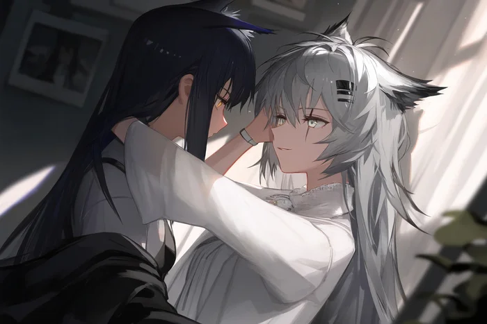 She-Wolf - Anime art, Anime, Arknights, Texas (Arknights), Lappland, Animal ears, Yuri, Friend, Neural network art