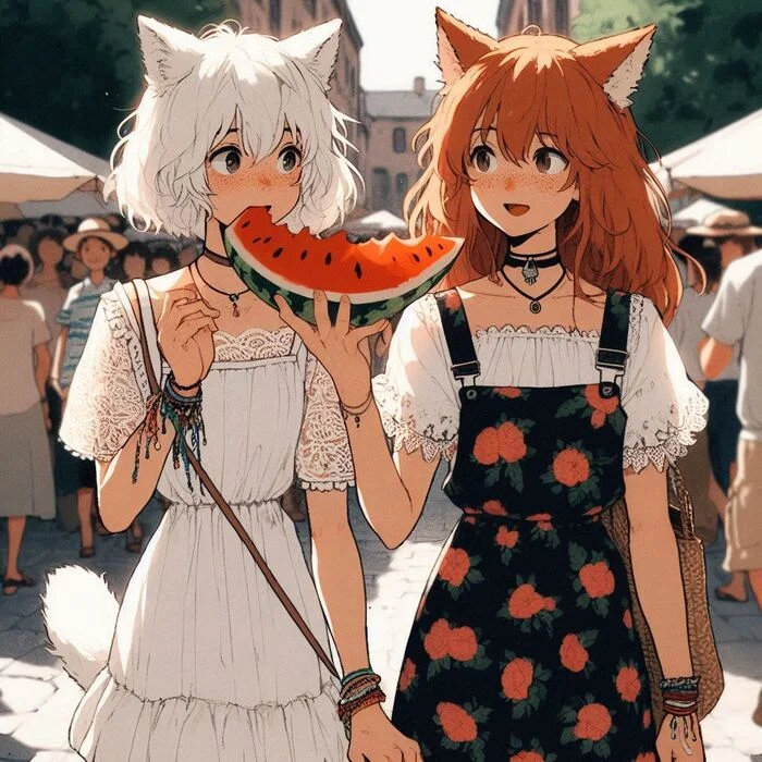 To the flea market! (e02) - My, Neural network art, Нейронные сети, Girls, Art, Anime art, Anime, Original character, Kitsune, Animal ears, Tail, Redheads, Freckles, Swap meet, Summer, Rain, Ginger & White, Longpost