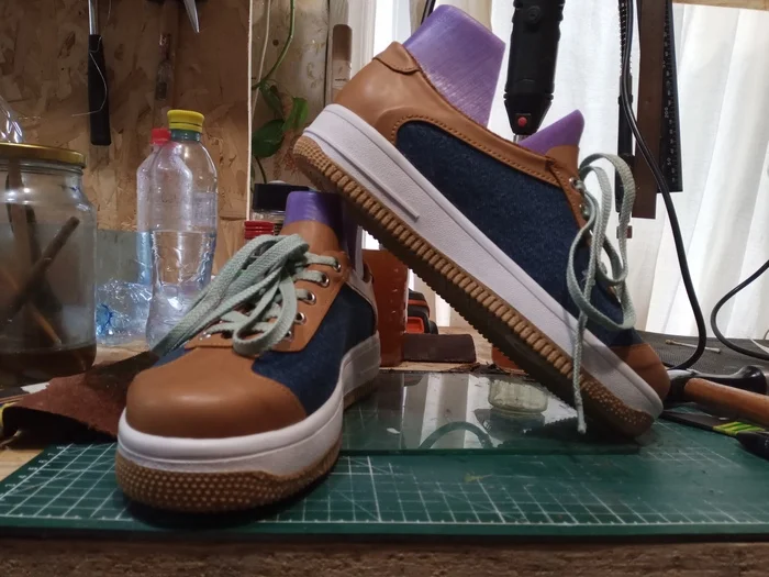 Sneakers brown blue - My, Sneakers, Sewing shoes, Natural leather, Longpost, Needlework with process